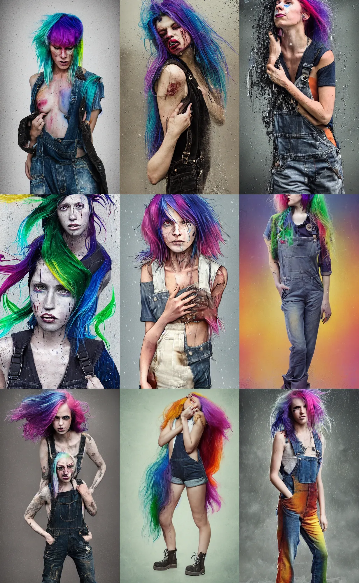 Prompt: a grungy woman with rainbow hair, drunk, angry, soft eyes and narrow chin, dainty figure, long hair straight down, torn overalls, basic white background, side boob, in the rain, wet shirt, symmetrical, single person, style of by Jordan Grimmer and greg rutkowski, crisp lines and color, full body, combat boots, attractive