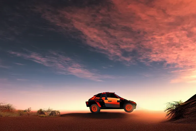 Image similar to far away rally car on the dirt road silhouette, extremely detailed digital art, sunset, gradient photorealistic, 8k