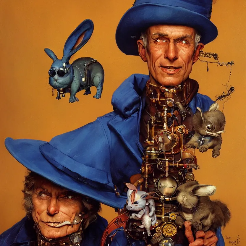 Prompt: a close - up portrait painting of an alien wizard magician holding a steampunk rabbit. deep blue curtains in a gloomy dark background. highly detailed science - fiction painting by norman rockwell, moebius, frank frazetta, and syd mead. rich colors, high contrast. artstation