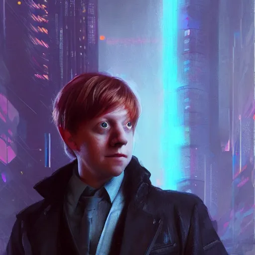 Prompt: portrait of Rupert Grint as Ron Wisly in cyberpunk, neon lighting, night city, digital art from artstation by Ruan Jia and Mandy Jurgens and Artgerm and william-adolphe bouguereau and Greg Rutkowski