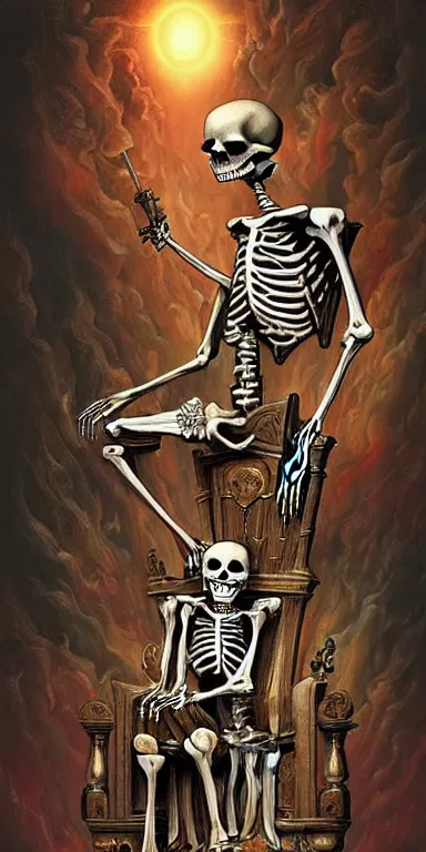 Image similar to a painting of a skeleton sitting on a throne, poster art by James Jean, Joe Fenton, Lise Deharme, Anne Stokes, Brian Despain, Petros Afshar behance contest winner, gothic art, tarot card, apocalypse art, behance hd, macabre poster art,