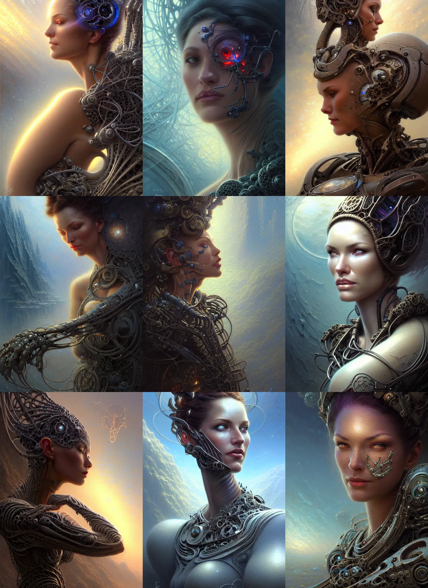 Prompt: closeup portrait shot of a female biomechanic woman in a scenic scifi environment, intricate, elegant, highly detailed, centered, digital painting, artstation, concept art, smooth, sharp focus, damaged, illustration, thomas kinkade, tomasz alen kopera, peter mohrbacher, donato giancola, leyendecker, boris vallejo