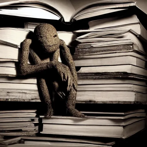 Prompt: a disturbing, melancholy photograph of a solemn, lonely humanoid golem locked up in a synagogue attic, laying on a pile of books