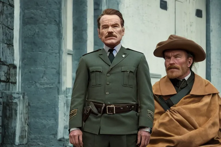 Prompt: wide-shot concept image of bryan cranston as a constable in a movie directed by Wes Anderson, symmetrical shot, idiosyncratic, relentlessly detailed, pastel colour palette, detailed perfect face, movie still frame, promotional image, imax 70mm footage