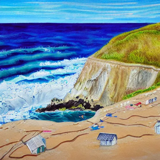 Image similar to a realistic painting of a huge seaside cliff with a beach at the bottom, and small huts in the beach, about to ne washed away by the ocean