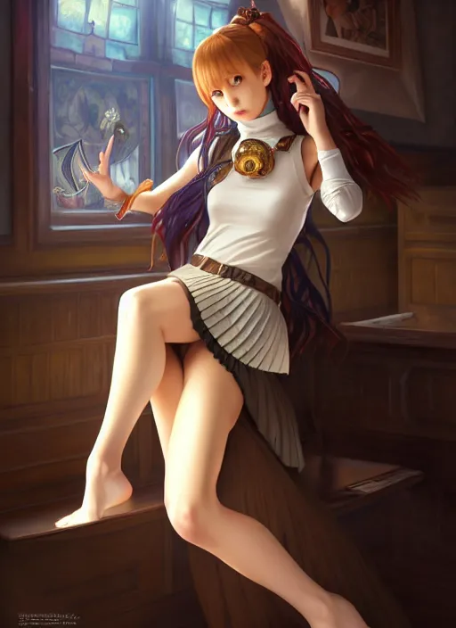 Image similar to portrait of a full body of beautiful young female detective, d & d, sleeveless turtleneck, pleated skirt, fantasy, flat lighting, intricate, highly detailed, digital painting, artstation, concept art, smooth, sharp focus, illustration, misa amane, art by simon bisley and greg rutkowski and alphonse mucha, natural tpose