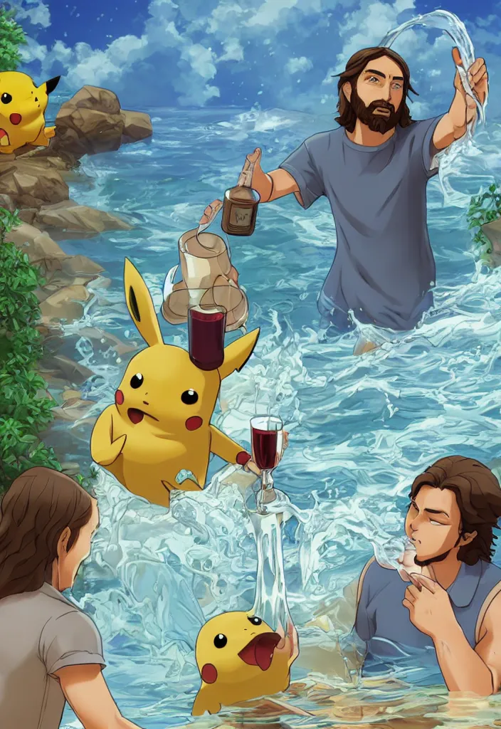 Prompt: a portrait of jesus turning water in wine, jesus dressing like pikachu by dan mumford, yusuke murata and makoto shinkai, 8 k, cel shaded, unreal engine, featured on artstation, pixiv