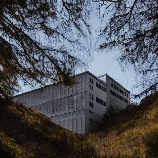 Image similar to sci fi nuclear containment buildings in a steep sided valley with trees and small office buildings, a sense of hope and optimism, birds overhead, stark light, day time, unsplash, national geographic, hd, high res