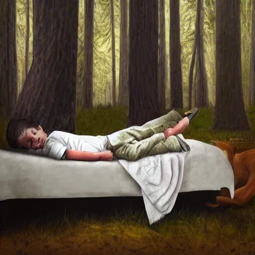 Prompt: a boy dreaming in bed, surrounded by a forest, with his trusty hunting dog and rifle, digital painting, photo - realism, sharp focus