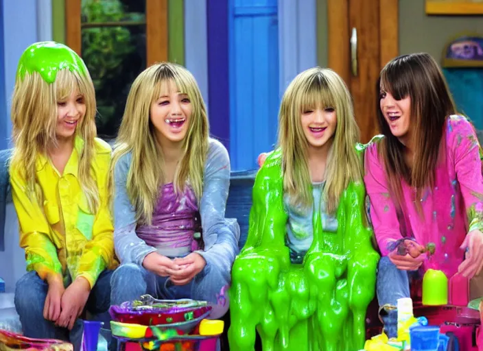 Image similar to the episode of Hannah Montana where everyone gets covered with nickelodeon slime hd