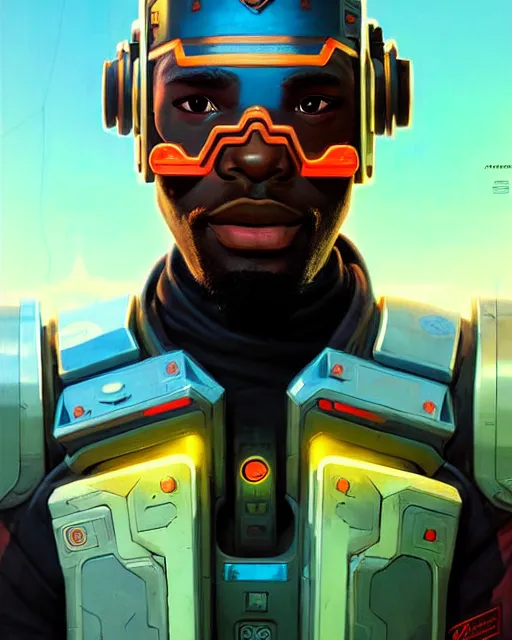 Image similar to baptiste from overwatch, character portrait, portrait, close up, concept art, intricate details, highly detailed, vintage sci - fi poster, retro future, in the style of chris foss, rodger dean, moebius, michael whelan, and gustave dore