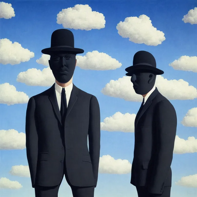 Image similar to portrait of a faceless shadow - head man in a suit, clouds in the background, by rene magritte, detailed painting, distance, middle centered, hd, hq, high resolution, high detail, 4 k, 8 k