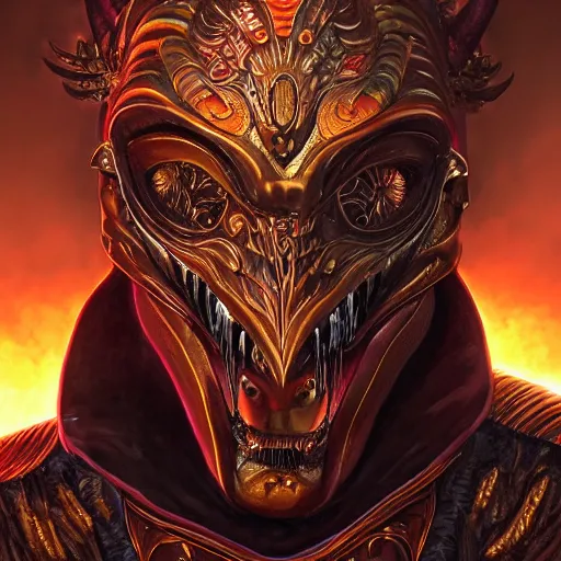 Image similar to Very very very very highly detailed epic photo of face with fiery demonic venetian mask, intricate, dystopian, sci-fi, extremely detailed, digital painting, artstation, concept art, smooth, sharp focus, illustration, intimidating lighting, incredible art by Artgerm and Vincent di Fate and Anton Pieck and Brom