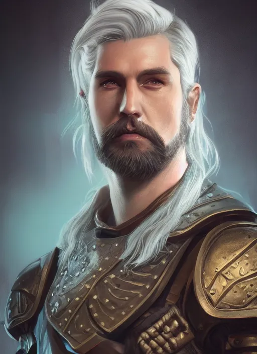 Image similar to an epic fantastic realism comic book style portrait painting of an aasimar paladin, male, silver hair, short brown beard, d & d concept art, unreal 5, daz, teal aesthetic, octane render, cosplay, rpg portrait, dynamic lighting