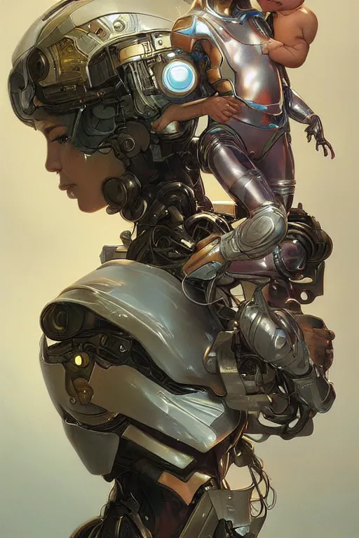 Prompt: ultra realistic illustration, robot woman carrying a baby + face, cyberpunk, sci - fi, fantasy, intricate, elegant, highly detailed, digital painting, artstation, concept art, smooth, sharp focus, illustration, art by artgerm and greg rutkowski and alphonse mucha