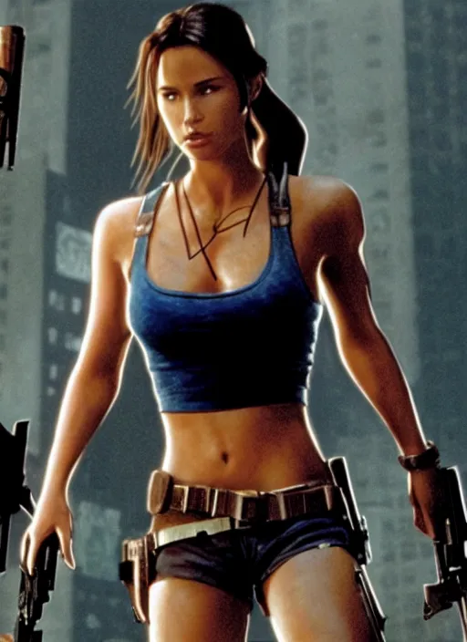 Image similar to film still of Lara Croft as John McClane in Die Hard, thicc, large chest, crop top, white thong, 4k