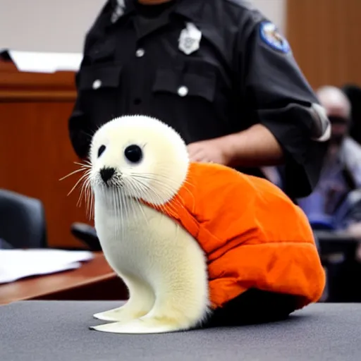 Image similar to a baby harp seal in an orange prisoner jumpsuit at the witness stand, courtroom, news photography