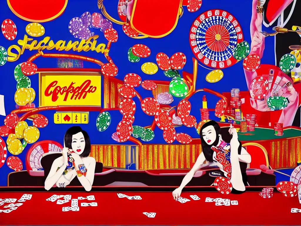 Image similar to hyper - realistic composition of a room in a casino with an extremely detailed poker table, croupier in traditional japanese kimono standing nearby fireworks in the background, pop art style, jackie tsai style, andy warhol style, acrylic on canvas