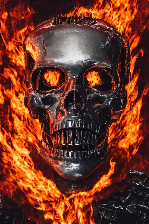Prompt: detailed matte portrait of a t 8 0 0 endoskeleton shrouded in fire and burning embers, intricate, elaborate, specular, chrome, reflection, chromatic abberation
