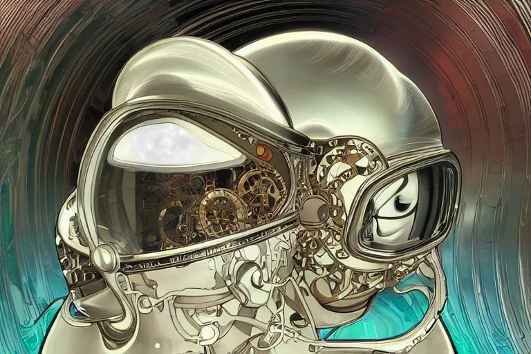 Prompt: portrait of a biomechanical head inside a futuristic space helmet, vintage, neon, white metal, iridescent visor, smooth, sharp focus, high detail, deviantart, art by Artgerm and Alphonse Mucha,