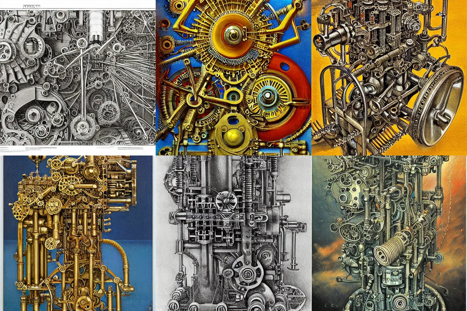 Prompt: a complicated water machine engine contraption with sprockets springs cranks cylinders hoses pistons, super detailed, high detail, hyper detailed, masterpiece, Beksinski, intricate abstract, detailed abstract, isometric, optical illusion, infinity, golden ratio, heavy cubism, cubists love it, color pencil, full color, bright colors, vivid colors, hyper detailed, ultra high resolution, artstation, Cycles4D, Created M.C. Escher and Picasso