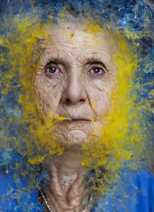 Prompt: crying old ukrainian woman!!!!, fully covered in yellow and blue clouds!!!, disarming, enchanting, fragile, hopeful, cloudcore, portrait, by kim keever