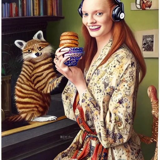 Prompt: a stunning hyper-detailed photorealistic painting of one slender beautiful smiling woman with long ginger hair and bangs, wearing a luxurious silk robe, wearing headphones and posing with her large ginger tabby cat and her raccoon and parrots in an overstuffed easy chair in her sunlit victorian living room, holding a porcelain parrot-shaped coffee mug and a donut, perfect eyes, fashion photography, cinematic lighting, octane render, IBEX Masters, unreal engine, 85 mm lens