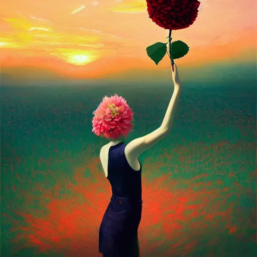 Image similar to portrait, giant rose flower head, girl dancing in a suit, surreal photography, sunrise, blue sky, dramatic light, impressionist painting, digital painting, artstation, simon stalenhag