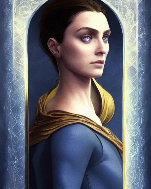 Image similar to portrait of saint alia atreides of the knife, her eyes are dark blue, blue eyes of the ibad, dune, science fiction, frank herbert, intricate, elegant, highly detailed, digital painting, artstation, concept art, sharp focus, illustration, art by artgerm and greg rutkowski and alphonse mucha