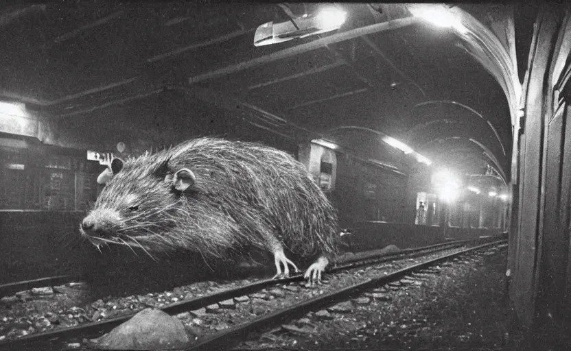 Image similar to old photo from 1 9 6 5. very large giant mutant ugly rat on railways in tonnel of moscow metro. extreme high detail. low light, scary atmosphere