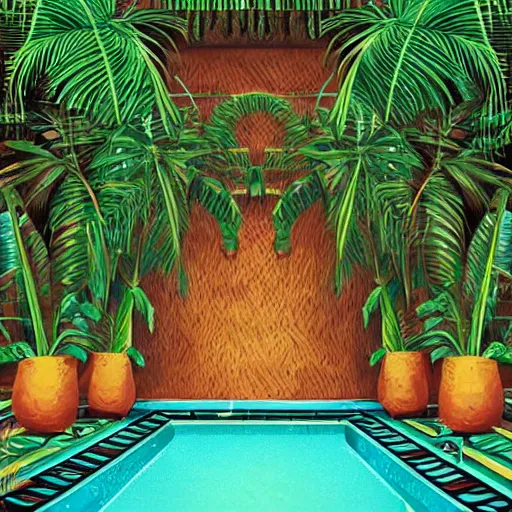 Prompt: a pool in a ancient egyptian interior full of plant and palms,retrowave art,digital art