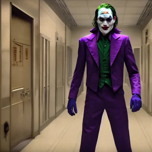 Prompt: cinematic shot of the joker wearing a half - life 2 hev suit, 8 k, very detailed, very intricate,