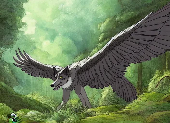Prompt: a beautiful wolf hawk spreading his wings in a mythical forest next to a pathway, dark eyes, by ghibli studio and miyasaki, illustration, great composition