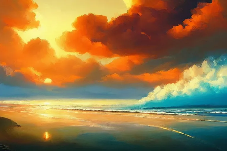 Image similar to a beautiful nature landscape with abstract beautiful clouds, ocean waves, sunset, by rhads