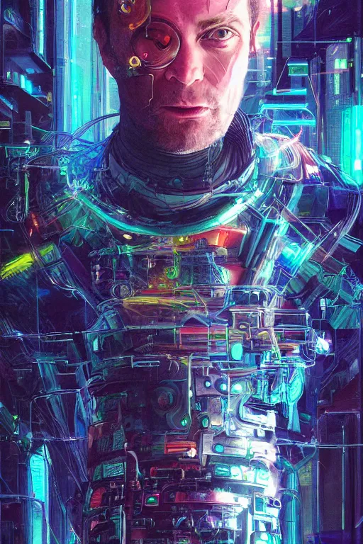 Image similar to A portrait of the Techgnosis author Erik Davis as a cyberpunk, iridescent highlights, background of digital greebles, highly detailed, intricate, soft, sci-fi, sharp focus, glowing lines, art by Ruan Jia and Moebius