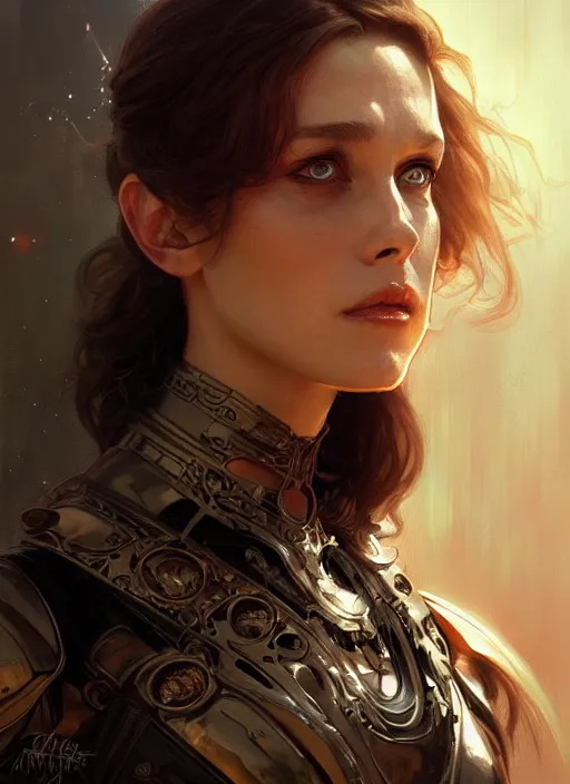 Image similar to portrait of terminator, fantasy, medieval wear, intricate, elegant, highly detailed, digital painting, artstation, concept art, smooth, sharp focus, illustration, art by artgerm and greg rutkowski and alphonse mucha