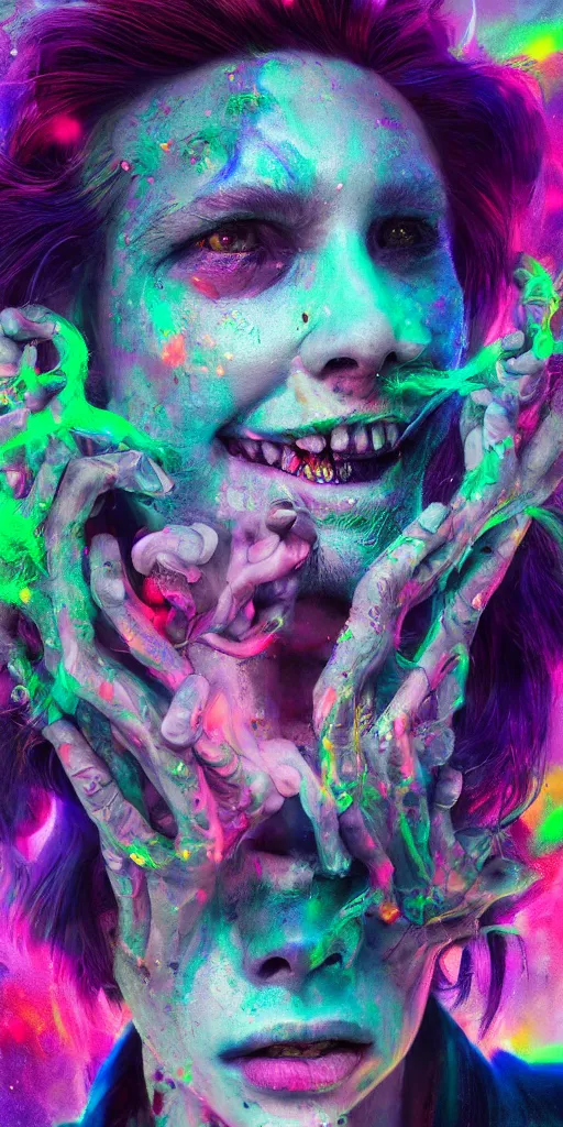 Prompt: impossibly beautiful portrait, dapper dream demon, bad trip, insane smile, intricate complexity, surreal horror, inverted neon rainbow drip paint, trending on art station, photoreal, 8 k, octane render by greg rutkowski