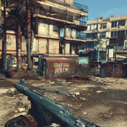 Image similar to Cannes, France in ruins post-nuclear war in Fallout 4, in game screenshot