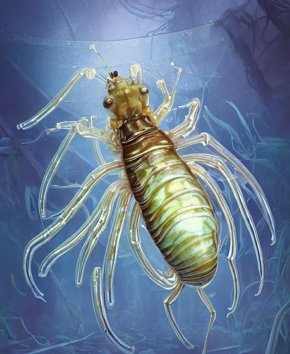 Image similar to opulent transparent clear see - through portrait of a terrifying beautiful male body alien isopod sea slug, mottled coloring, adorable, childlike, overgrown biopunk jungle environment, ultra realistic, concept art, art nouveau, photorealistic, octane render, 8 k, unreal engine. art by christopher marley and artgerm and greg rutkowski and alphonse mucha
