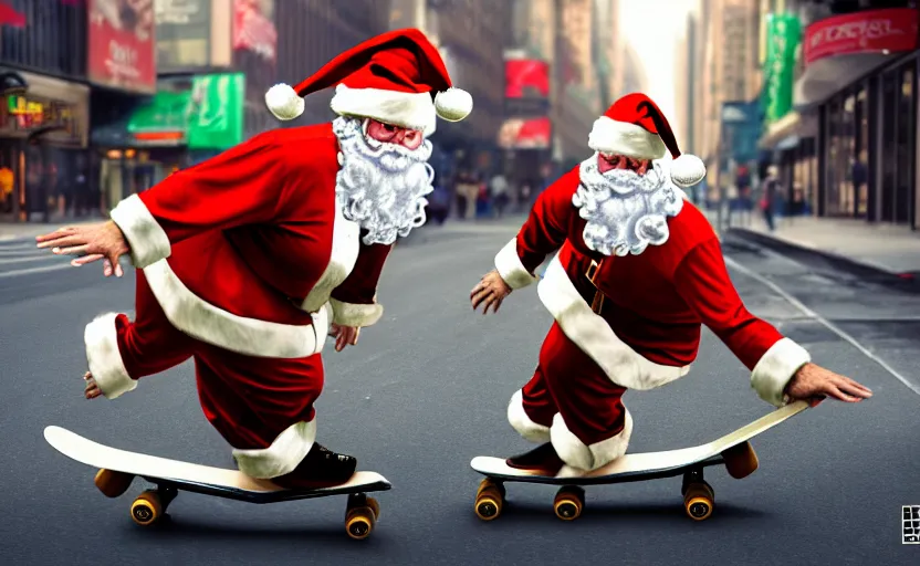 Image similar to a crocodile, dressed as santa claus, on a skateboard in the streets of new york city, concept art, digital illustration, unreal engine, trending on artstation