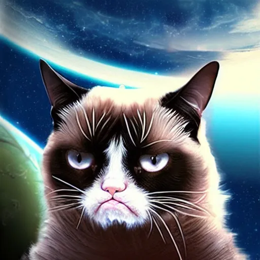 Prompt: A grumpy cat sitting on the top of planet earth in space, digital art by David McLeod, trending on artstation