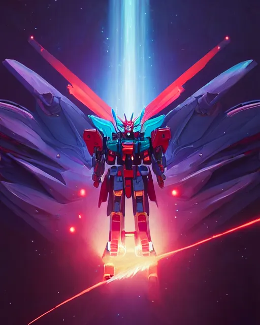 Image similar to highly detailed vfx portrait of an demonic gundam with wings of feathers beam saber fighting in space with a beam gun, unreal engine, greg rutkowski, loish, rhads, beeple, makoto shinkai and lois van baarle, ilya kuvshinov, rossdraws, tom bagshaw, alphonse mucha, global illumination, detailed and intricate environment