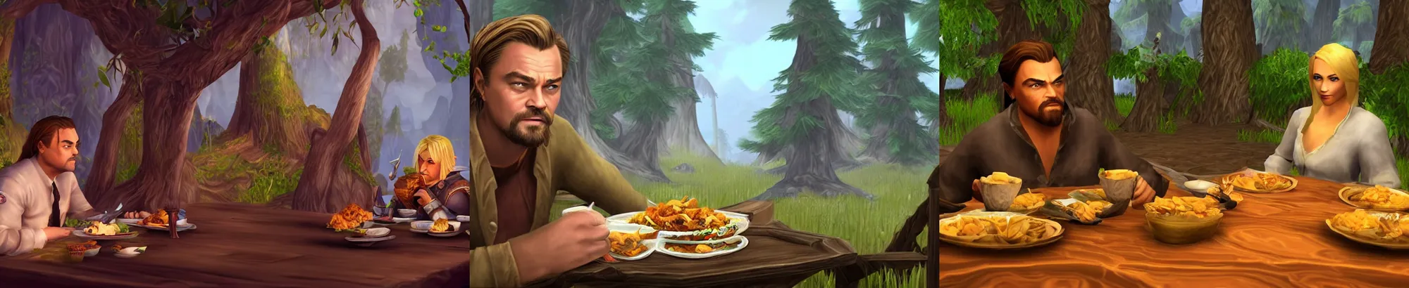 Prompt: alone leonardo dicaprio with blonde hair eating food inside world of warcraft elwynn forest, pc screen image.