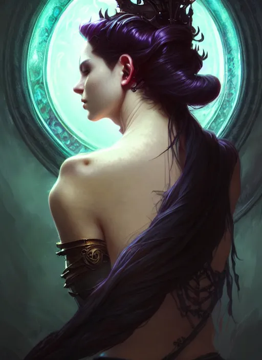 Image similar to Necromancer Sorceress, fantasy magic, undercut hairstyle, dark light night, intricate, elegant, sharp focus, illustration, highly detailed, digital painting, concept art, matte, art by WLOP and Artgerm and Greg Rutkowski and Alphonse Mucha, masterpiece