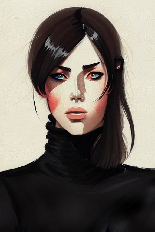 Image similar to a ultradetailed portrait painting of a stylish woman in a black turtleneck by conrad roset, greg rutkowski and makoto shinkai trending on artstation