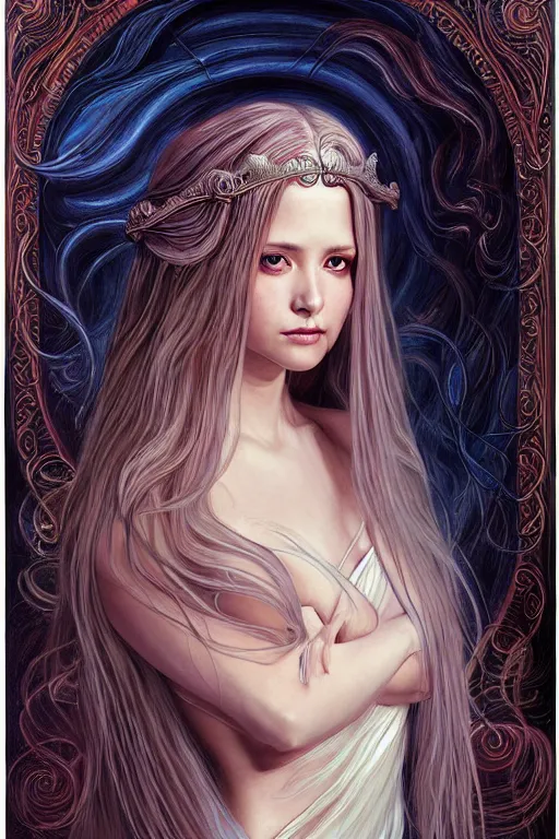 Image similar to portrait of a young female wizard in flowing sensual dress, long fine flowing hair, delicate, looking at camera, slightly smiling, realistic face, stylish, elegant, grimdark fantasy, extremely detailed painting inspired by Gerald Brom and Ernst Haeckel , studio lighting