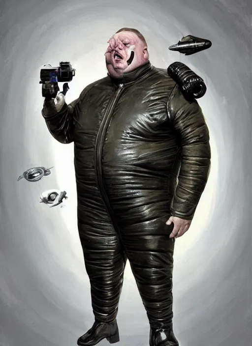 Prompt: upper body portrait of shaun ryder as baron harkonnen wearing a leather spacesuit floating in space and firing a retro ray gun, by normal rockwell, photoreal, character concept art, artstation