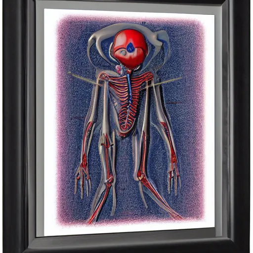 Image similar to anatomically correct diagram of 3 legged alien, h. r. giger, red and blue, 8 feet fall