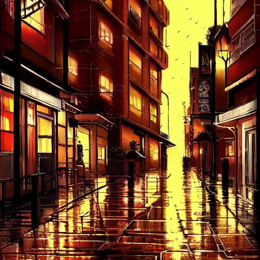 Prompt: beautiful anime scenery, city street at dusk, rainy day