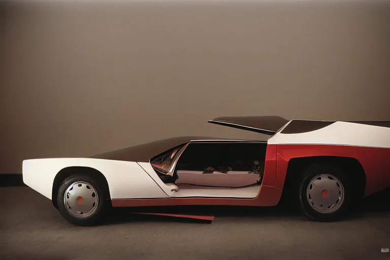 Image similar to stylized poser designed by Syd Mead of a single 1978 Maserati Alfa Romeo Montreal, inside of a minimalist Tokyo garage, ektachrome photograph, volumetric lighting, f8 aperture, cinematic Eastman 5384 film